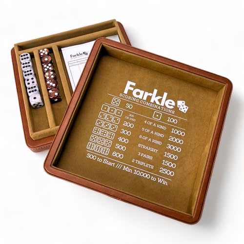 Luck Lab Farkle Dice Tray and Storage Case - Includes Embedded Scoring Combinations, 2 Sets of 6 Pearl Dice, 40 Sheet Score Pad and Pen Holder for The Classic Family Game (Brown) - color: Brown
