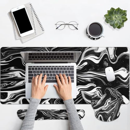 Britimes Black White Marble Keyboard Mouse Pad Set 4in1 Large Mousepad+Keyboard Wrist Rest+Mouse Wrist Rest+Coaster Ergonomic Design for Home Office Computer 35.4x15.7 inches - color: Black White Marble