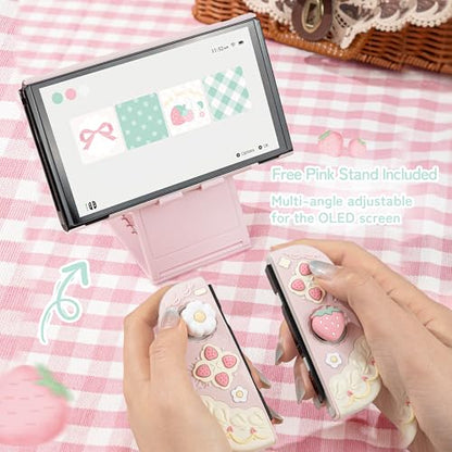 GeekShare Strawberries with Cream Case Compatible with Switch OLED, Soft Silicone Slim Protective Cover with Separable Shell and 2 Thumb Grips (Pink) - color: Pink Strawberries, size: For Switch OLED