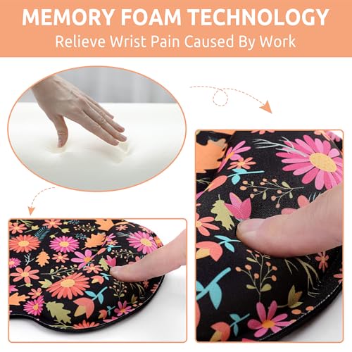 KONVINIT Ergonomic Mouse Pad with Wrist Rest, Small Mousepad with Non-Slip Rubber Base and Smooth Surface, Black Flowers Mouse Pads for Desk, Office Desk Accessories - color: Black Flowers