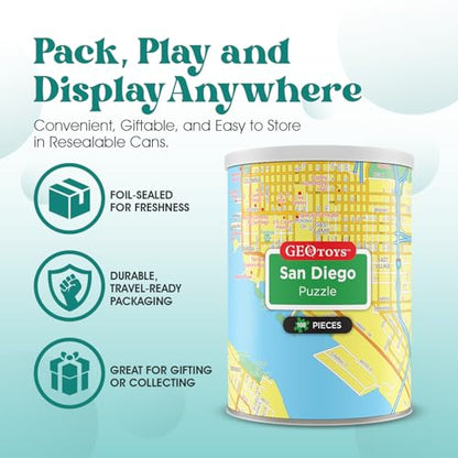 Geotoys San Diego Mini City Puzzle - 100 Piece Puzzles for Kids and Adults in Portable Can, 13" x 10" Educational Travel Puzzle for Ages 7 and Up - Mini Puzzles to Learn & Explore Geography - style: San Diego
