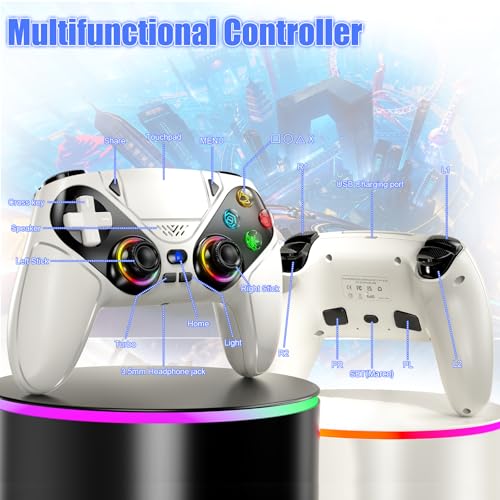 Gamrombo LED Wireless Controller for PS5, Compatible with PS5 Pro/Slim/PC, Dual Vibration, Macro/Turbo Function, 3.5mm Audio Jack, 6-Axis Motion Control Gamepad with Speaker(White) - color: White