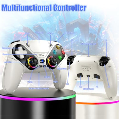 Gamrombo LED Wireless Controller for PS5, Compatible with PS5 Pro/Slim/PC, Dual Vibration, Macro/Turbo Function, 3.5mm Audio Jack, 6-Axis Motion Control Gamepad with Speaker(White) - color: White