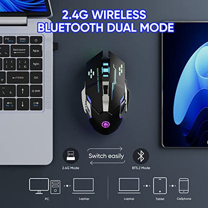 MELOGAGA Wireless Gaming Mouse Bluetooth/2.4G RGB Rechargeable -Black | Bluetooth/2.4G Dual Modes, Silent Clicks, 7-Color Backlit, 6 Buttons, Rechargeable Battery for PC, Mac, Laptop, Chromebook - color: Black