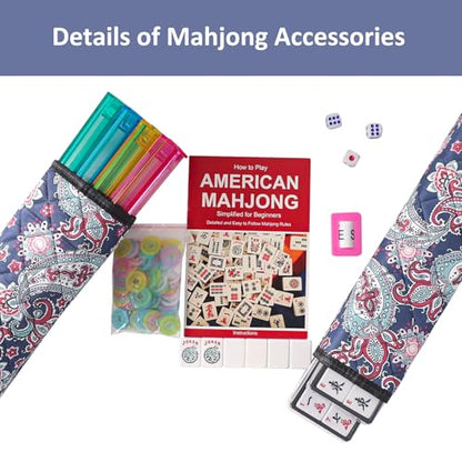American Mahjong Game Set, 166 White Tiles, 4 All-in-One Color Rack/Pushers, Complete Mahjong Tile Set, Printed Carrying Bag - color: Deep Blue