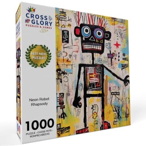Cross & Glory | 1000 Piece Jigsaw Puzzles for Adults | Neon Robot Rhapsody | Abstract Neo-Expressionism Art | Luminous Yellow Highlights | 2mm Thick Pieces | Satin Finish | Ages 14+ - color: Neon Robot Rhapsody