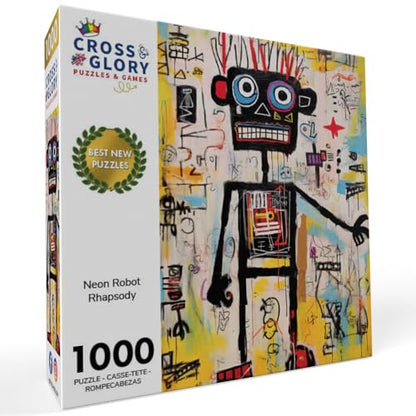 Cross & Glory | 1000 Piece Jigsaw Puzzles for Adults | Neon Robot Rhapsody | Abstract Neo-Expressionism Art | Luminous Yellow Highlights | 2mm Thick Pieces | Satin Finish | Ages 14+ - color: Neon Robot Rhapsody