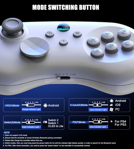 Wireless Fighting Controller for iOS/Android/Switch/PS4/PS3/PC, 6-Button Layout Bluetooth Controllers Retro Gamepad with Hall Joystick/Hall Trigger/Turbo/Programming Key for SEGA’s Classic Games, White - color: White