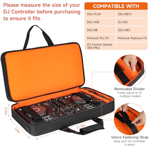 DJ Controller Case Fits for Pioneer DDJ-FLX4/Numark Mixtrack Platinum FX | Padded DJ Storage Bag Fits for DDJ-REV1/DDJ-400/DDJ-SB3/DDJ-RB/Numark Mixtrack Pro FX/Roland DJ-202 (21.5 x 12 x 2.5 in) - size: S(21.5 x 12 x 2.5 in)