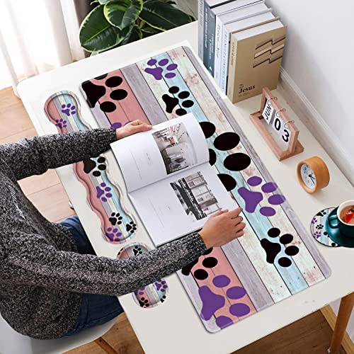 Large Gaming Mouse Pad, Keyboard Wrist Rest + Mouse Wrist Pad + Coaster Combination Set, Memory Sponge Non-Slip Base. Suitable for Office and Home, Rainbow Wood Grain Black and Purple Dog paw - color: Fok-fo1-mouse -017
