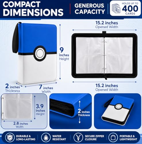 Card Binder 4 Pocket, Trading Card Holder Album Book, 50 Removable Sleeves Hold 400 Cards, PU Leather Zipper Portable Game Collection Card Case Ideal Gift (Blue) - color: Blue, size: Medium