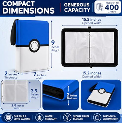 Card Binder 4 Pocket, Trading Card Holder Album Book, 50 Removable Sleeves Hold 400 Cards, PU Leather Zipper Portable Game Collection Card Case Ideal Gift (Blue) - color: Blue, size: Medium