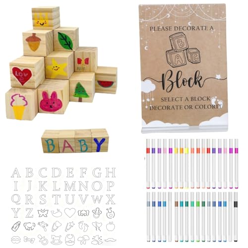 156-Piece Baby Shower Building Block Game Set, featuring 58 plain wooden blocks, 48 markers, 48 templates, 1 game instruction card, and 1 storage box—specially designed for parties (Floral Theme) - color: Snowflakes