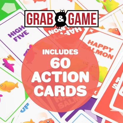 Exploding Kittens Happy Salmon Grab and Game, 2-4 Players, Ages 7+ | Frantically shout your actions, find a matching player, complete the action, and discard your card. Fast 90-second travel fun