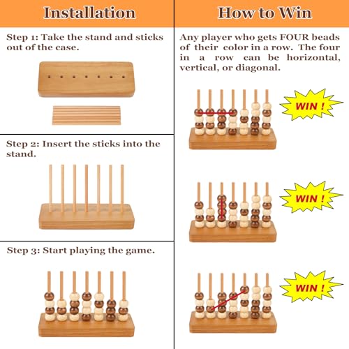 4 in a Row Game Wooden - 4 Connect in a Row Classic Strategy Game for Adults Kids,Four Connect Same Colour in a Row,Portable Travel Games Family Board