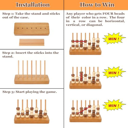 4 in a Row Game Wooden - 4 Connect in a Row Classic Strategy Game for Adults Kids,Four Connect Same Colour in a Row,Portable Travel Games Family Board
