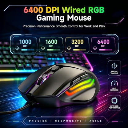 memzuoix Wired RGB Keyboard and Mouse Combo, Full-Size Keyboard with Number Pad and 6400 DPI LED Mouse, 2.4G Plug and Play Keyboard Mouse Set for PC, Laptop, Mac, Office & Gaming, Black