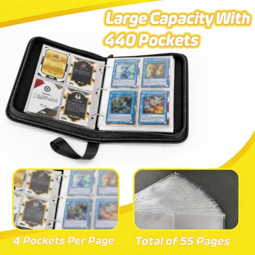 Holds 440 Cards, 4 Pocket Trading Card Binder with 55 Removable Sleeves, Zipper PU Leather 3-Ring Card Holder Album for TCG, MTG, Game and Sports Cards, Gift for Collectors, Red