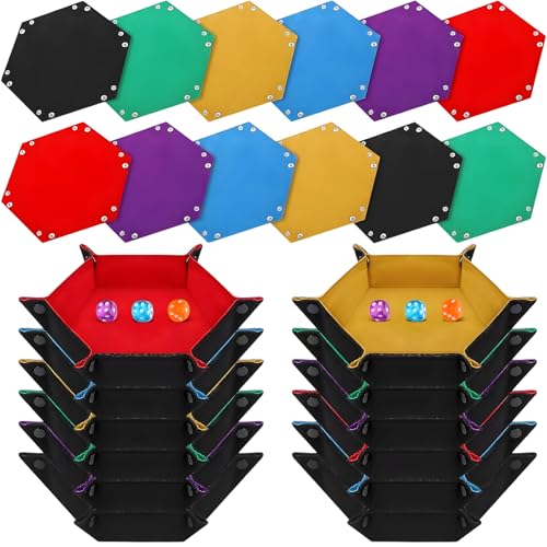 12 Pcs Dice Tray Bulk Hexagonal Foldable Plush Dice Box Portable Durable Felt Rolling Tray Set for Tabletop Games(Assorted Colors)
