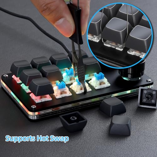 Koolertron Macro Programmable Keypad, One Handed Programmable Mechanical Keyboard, RGB Blue Switch Hot Swappable, 12 Keys 2 Knob Backlit Keypad for Working and Gaming, Black - size: 12-key (2 Knob)