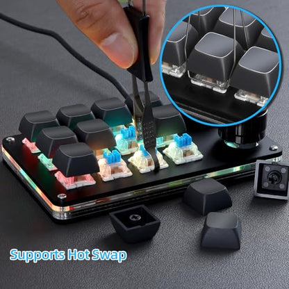 Koolertron Macro Programmable Keypad, One Handed Programmable Mechanical Keyboard, RGB Blue Switch Hot Swappable, 12 Keys 2 Knob Backlit Keypad for Working and Gaming, Black - size: 12-key (2 Knob)