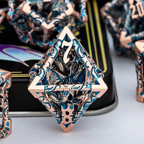 ARUOHHA Hollow DND Dice Set Copper Blue 5-Headed Dragons D and D Dice with Gift Box, Role Playing Games 7PCS Metal RPG Dungeons Polyhedral Dice D20 D12 D10 D8 D6 D4 - color: Copper Blue-02