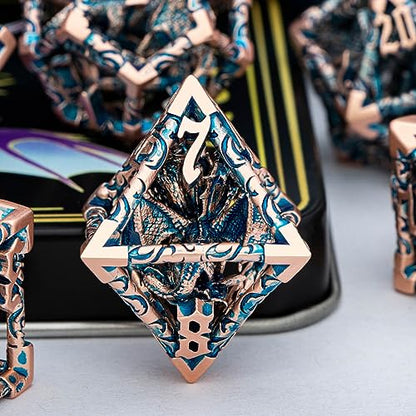 ARUOHHA Hollow DND Dice Set Copper Blue 5-Headed Dragons D and D Dice with Gift Box, Role Playing Games 7PCS Metal RPG Dungeons Polyhedral Dice D20 D12 D10 D8 D6 D4 - color: Copper Blue-02