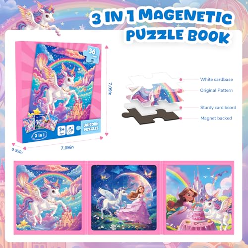 Magnetic Jigsaw Puzzles for Toddlers Kids 3-8 Girls,(3 36-Pieces) Travel Puzzles Toys for Kids Ages 4-6,Take-Along Car Airplane Road Trip Activities Game for 3 4 5 6 7 8 Year Old Birthday Gift - style: Unicorn Princess