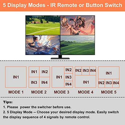 HDMI Multiviewer Switch 4X1, WrixWric HDMI Quad Multi-Viewer Seamless Switcher 4 in 1 Out with IR Remote, Support 4K 30Hz, 5 Display Modes for Security Camera, Monitor, Gaming Consoles - color: 4x1 HDMI Quad Multiviewer