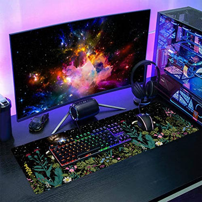 Black Aesthetic Wildflower Large Mouse Pad XL Space Galaxy Weeds Herb Cute Floral Extended Desk Mat Big 80X30 CM Non-Slip Rubber Base Stitched Edge Long Mousepad,31.5×11.8 Inch - color: Blackherb, size: 31.5 x 11.8 inches