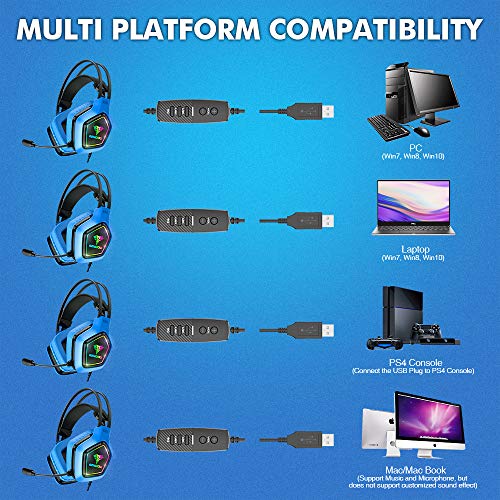 BENGOO USB Pro Gaming Headset for PC PS4, 7.1 Surround Sound Gaming Headphones with Noise Cancelling Mic, in-Line Volume/Mic/EQ Control, Soft Memory Earmuffs RGB Lights for Laptop Mac Nintendo 64