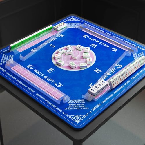 Blue Mahjong Mat for Table with 4 Racks - Anti Slip Mats for Card Poker Playing Board Game Tabletop Gaming - Noise Reduction Foldable Mah jongg Table Cover - Rectangle Mahjong Pad (32" x 32")