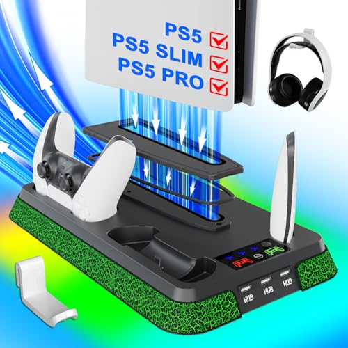 PS5/Slim/Pro Stand and Cooling Station with RGB Controller Charging Station for PlayStation 5 Console, PS5 Controller Charger, PS5 Cooling Stand, PS5/Slim/Pro Accessories Kit with 3 Level Cooler Fan - color: Boom-black