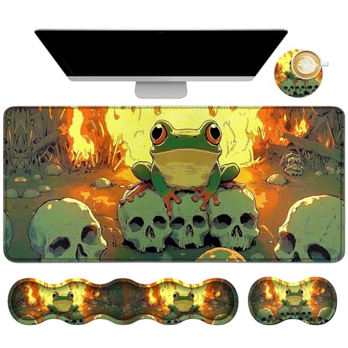 4-in-1 Gaming Desk Mat Set with Memory Foam Keyboard and Mouse Wrist Rest, Extended Mousepad (31.5"x11.8") & Cup Coaster, Ergonomic Desk Pad Protector for Office Home Gamer, Flaming Frog Skull - color: 00rjo, size: 4Pcs Memory Foam Pad