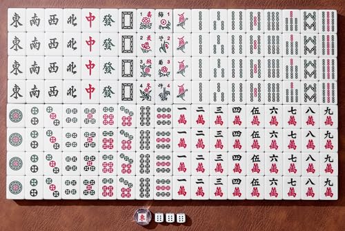 Traditional Chinese Mahjong Set 144 Melamine 34mm Tiles No Arabic Numerals | Standard 34mm green melamine tiles include 144 game tiles plus 2 spares and travel case for complete Mahjong Majiang game set - color: Green