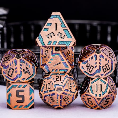Metal DND Sci-fi Dice Set 7PCS Stripe Polyhedral Dice for Dungeons Dragons RPG Role Playing Game, Glitter D and D Dice with Gift Box D6 D8 D10 D12 D20 (Ancient Bronze&Green Purple) - color: Ancient Copper - Green Purple