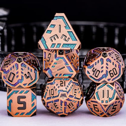 Metal DND Sci-fi Dice Set 7PCS Stripe Polyhedral Dice for Dungeons Dragons RPG Role Playing Game, Glitter D and D Dice with Gift Box D6 D8 D10 D12 D20 (Ancient Bronze&Green Purple) - color: Ancient Copper - Green Purple