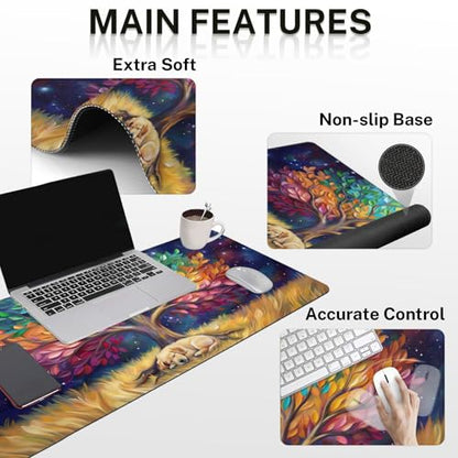 Britimes Colorful Tree Oil Painting Keyboard Mouse Pad Set Cute Dog 4in1 Large Mousepad+Keyboard Wrist Rest+Mouse Wrist Rest+Coaster Ergonomic Design for Home Office Computer 35.4x15.7 inches - color: Colorful Tree