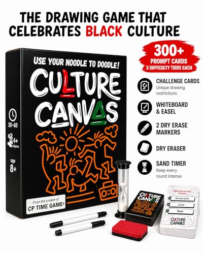 CP TIME Culture Canvas Drawing Party Game Celebrating Black Culture, 300+ Cards, 7 Categories, with Whiteboard, Markers, and Sand Timer, for Ages 8 and up