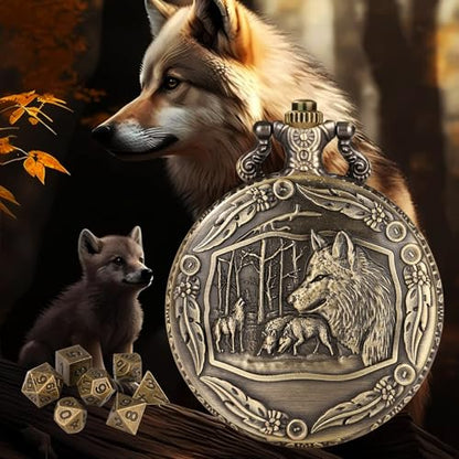 Wolf Pocket Watch Dice Set with Leather Bag, DND Starter Set, Mini Dice Kit - color: Wolf Dice Set