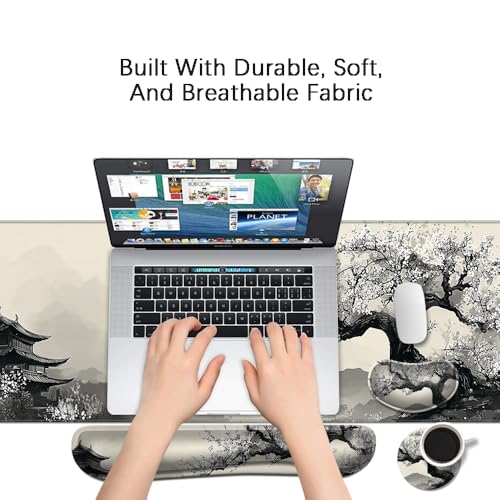 Desk Mat, Large Gaming Mouse Pad with Wrist Rest, 4 in1 XXL Mouse pad+Keyboard Wrist Rest+Mouse Pad Wrist Support+Cup Coaster Set, Ergonomic Desk Pad for Home Office, Japanese Cherry - color: Japanese Cherry Blossoms