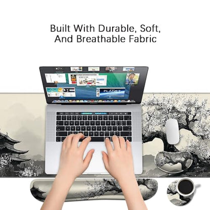 Desk Mat, Large Gaming Mouse Pad with Wrist Rest, 4 in1 XXL Mouse pad+Keyboard Wrist Rest+Mouse Pad Wrist Support+Cup Coaster Set, Ergonomic Desk Pad for Home Office, Japanese Cherry - color: Japanese Cherry Blossoms