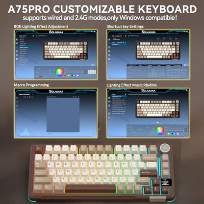 SOLAKAKA A75 PRO 75% Wireless Mechanical Keyboard with Screen and Knob, Tri-Mode Hot Swappable Gaming Keyboard, RGB Backlit Gasket Creamy Pre-lubed PBT Computer Keyboard for PC/Mac/Win,Brown - color: CreamBrown