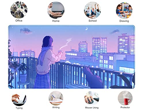 Purple Anime Kawaii Desk Mat Mousepad Cute Cat XXL Large Gaming Japanese Girly Aesthetic Mouse Pad Tokyo Street Desk Mat 31.5x15.75 in, Girl Gamer Desktop Mat Computer Laptop Keyboard Mouse Mat - color: Purple Pink Anime Girly
