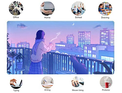 Purple Anime Kawaii Desk Mat Mousepad Cute Cat XXL Large Gaming Japanese Girly Aesthetic Mouse Pad Tokyo Street Desk Mat 31.5x15.75 in, Girl Gamer Desktop Mat Computer Laptop Keyboard Mouse Mat - color: Purple Pink Anime Girly