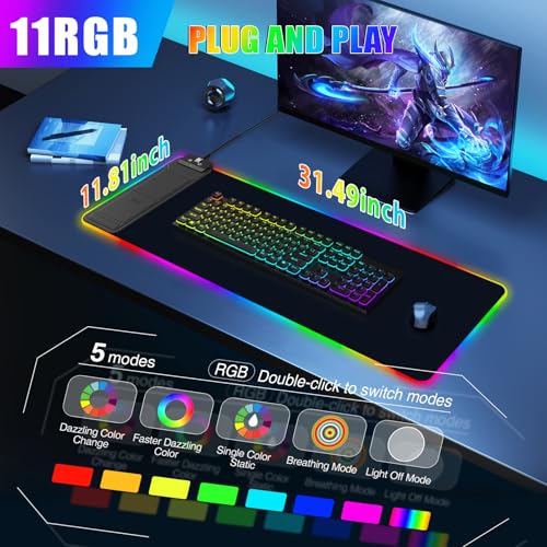 Mouse Pad with Foldable Phone Holder & Wireless Charger, XL RGB Gaming Mousepad 31.5"x11.8" Large Desk Mat for Keyboard, Home Desk Pad with Dual Qi Charging Station | 11 Colors & 5 Modes | Waterproof - color: 31.5x11.81"Phone Stand-Black