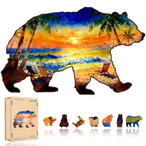 Qiuenisray Wooden Puzzles for Adults 200 Pieces, Sunset Bear Jigsaw Puzzles, FSC Certified Unique Ocean Adult Puzzles, Wood Puzzles Creative Gift for Family Game 14.9x9.1 in - color: Sunset Bear, size: 200pcs