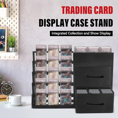5-Tier Trading Card Display Stand,Large Card Display Case with 2 Drawers & 9 Compartments,Wooden Graded Sports Card Display Holds 200+ PSA/BGS/SGC Slabs to Showcase and Protect Your Collection - size: 24*6.7*16.1in