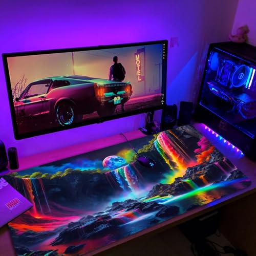 Simpkeely Large Fantasy Waterfall Gaming Mouse Pad - Blacklight Waterproof Glowing Desk Mat, 31.5" x 11.8" Extended Non-Slip Rubber Base for Office & Home - color: Waterfall