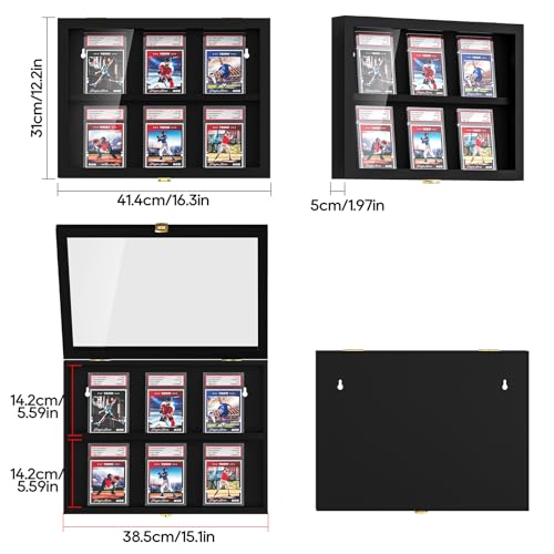 TJ.MOREE 6 Slot Baseball Graded Card Display Case, Black Wood | Fits Football, Basketball & Hockey Trading Card Collection, Acrylic Front - size: 6 Cards